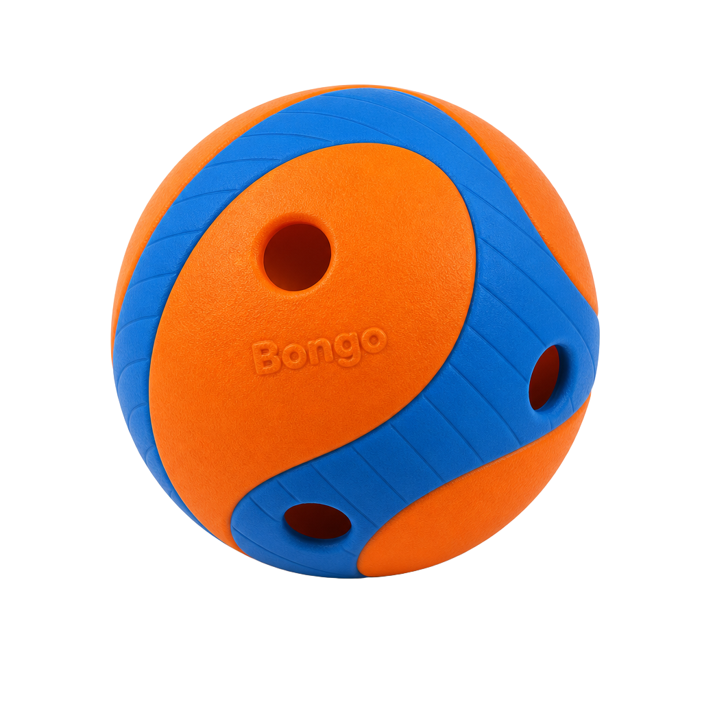 Orange and blue Bongo fetch ball with treat holes
